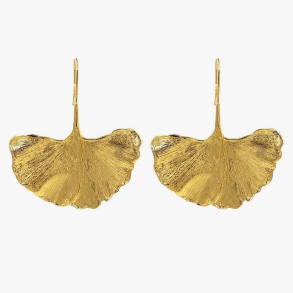 Gold Gingko Biloba Leaf Earrings 3D Nature Leaves Modern Botanical Statement - Picture 2 of 6